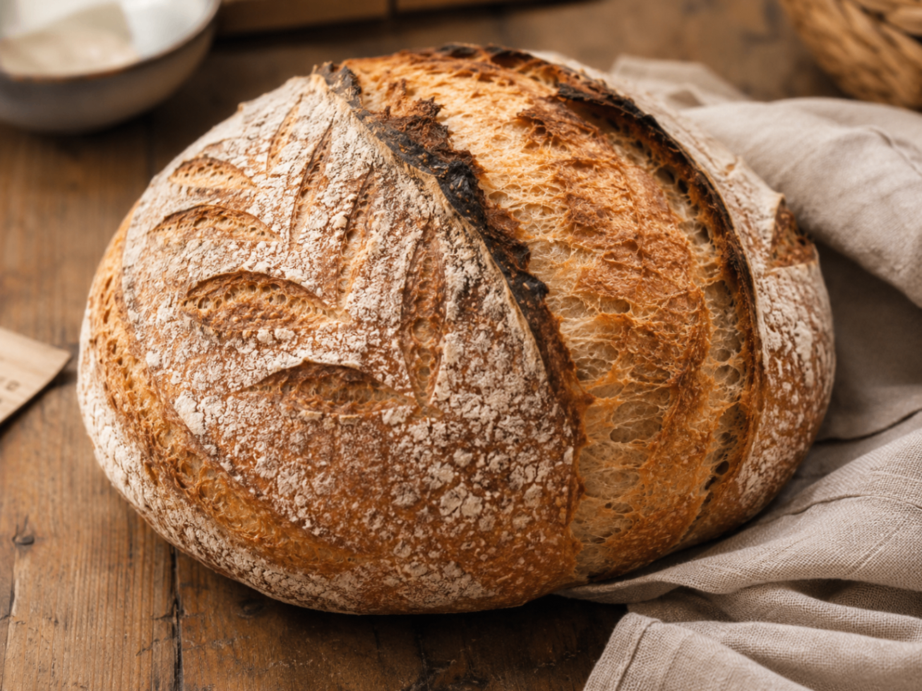 Fresh sourdough boule on rustic background