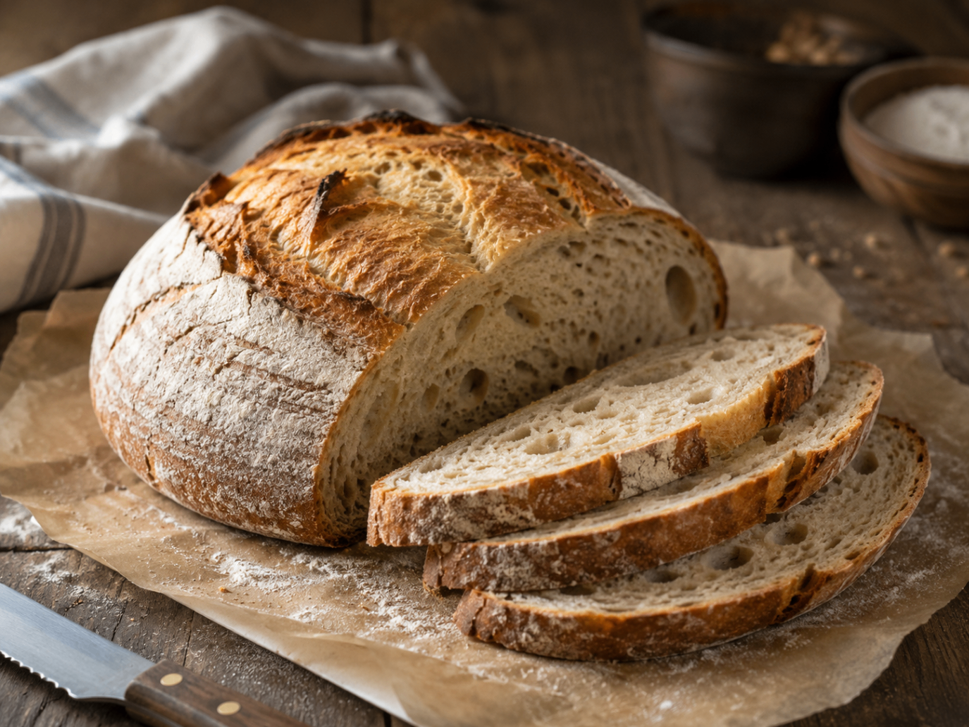 Fresh artisan bread being sliced